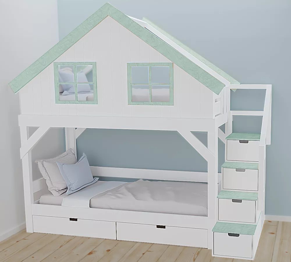 Bērnu gulta 110P ar stelāžām Kāpņu puse: Pa labi, Guļamvietas platums: 80 cm, Guļamvietas garums: 160 cm, · 112 × 217 × 