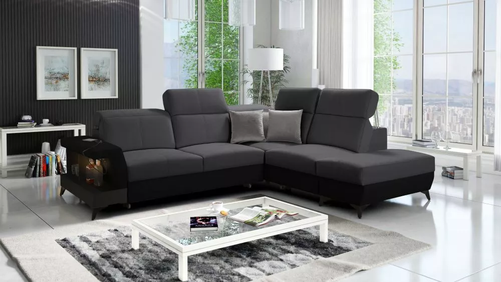 Dīvāns Belutti 7 Satin Black Standard ar LED · Grafīts + melns · 236 × 288 × 84 cm