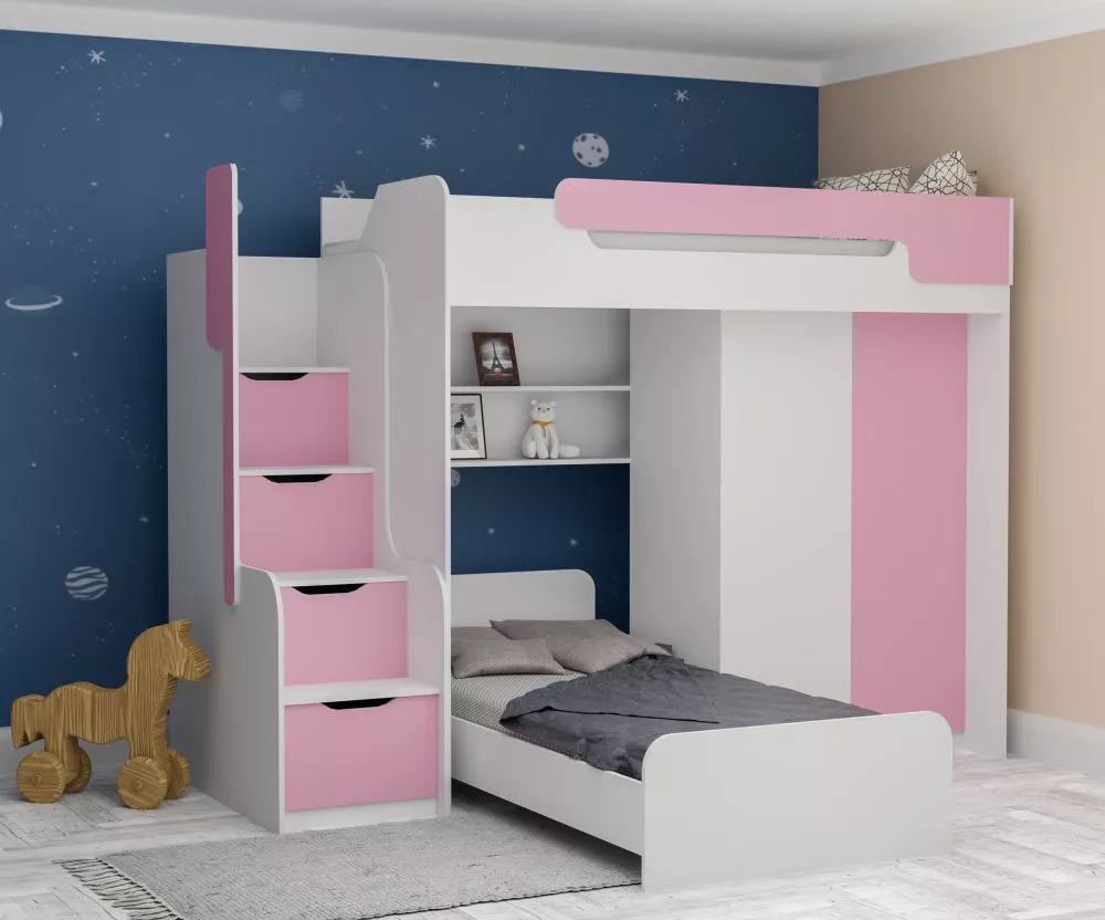 Bērnu gulta Dorian 2 90x200 ar stelāžām Guļamvietas platums: 90 cm, Guļamvietas garums: 200 cm, · 205 × 260 × 187 cm