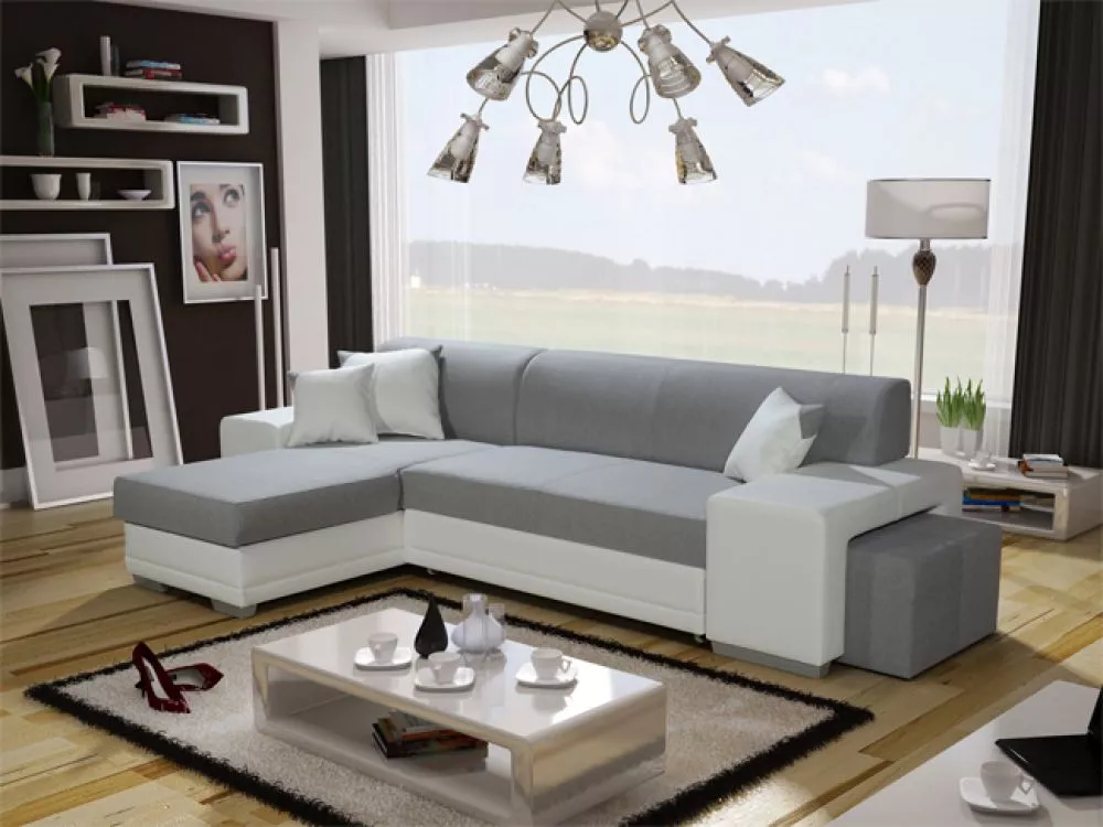 Dīvāns Vera Twin + Puf Standard · Pelēks + balts · 160 × 302 × 73 cm