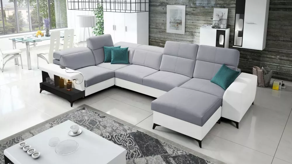 Dīvāns Belutti 4 Satin Black Standard ar LED · Pelēks + balts · 212 × 362 × 84 cm