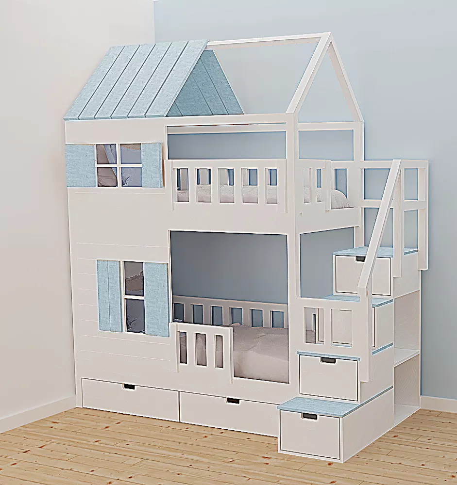 Bērnu gulta 105P ar stelāžām Kāpņu puse: Pa labi, Guļamvietas platums: 90 cm, Guļamvietas garums: 200 cm, · 118 × 252 × 