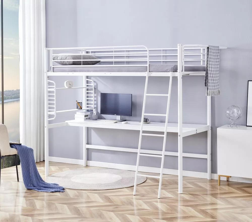 Bērnu gulta Dolce 90x200 ar stelāžām Guļamvietas platums: 90 cm, Guļamvietas garums: 200 cm, · Balts · 102 × 145 × 211 ×