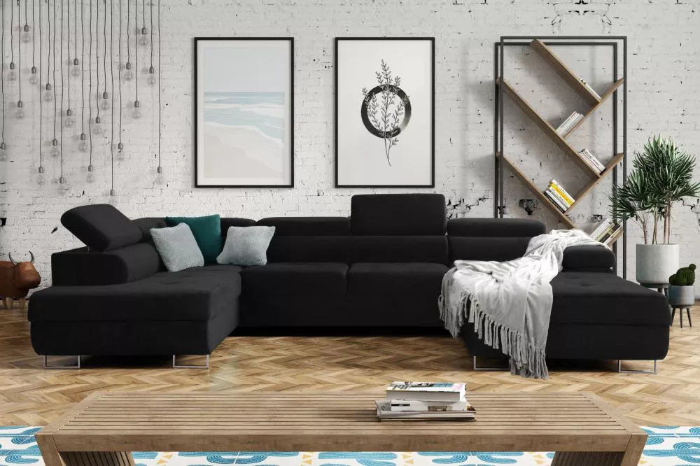 Dīvāns Annabelle U 2 Standard · Melns · 201 × 343 × 76 cm