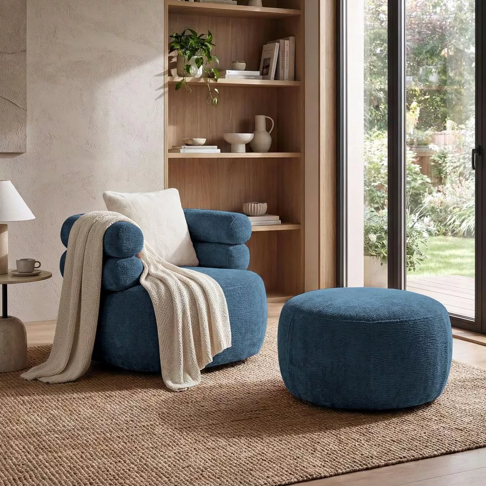 Mīksts krēsls Nela standard ar pufu Sēdvietas dziļums: 73 cm, · Zils · 95 × 95 × 85 cm