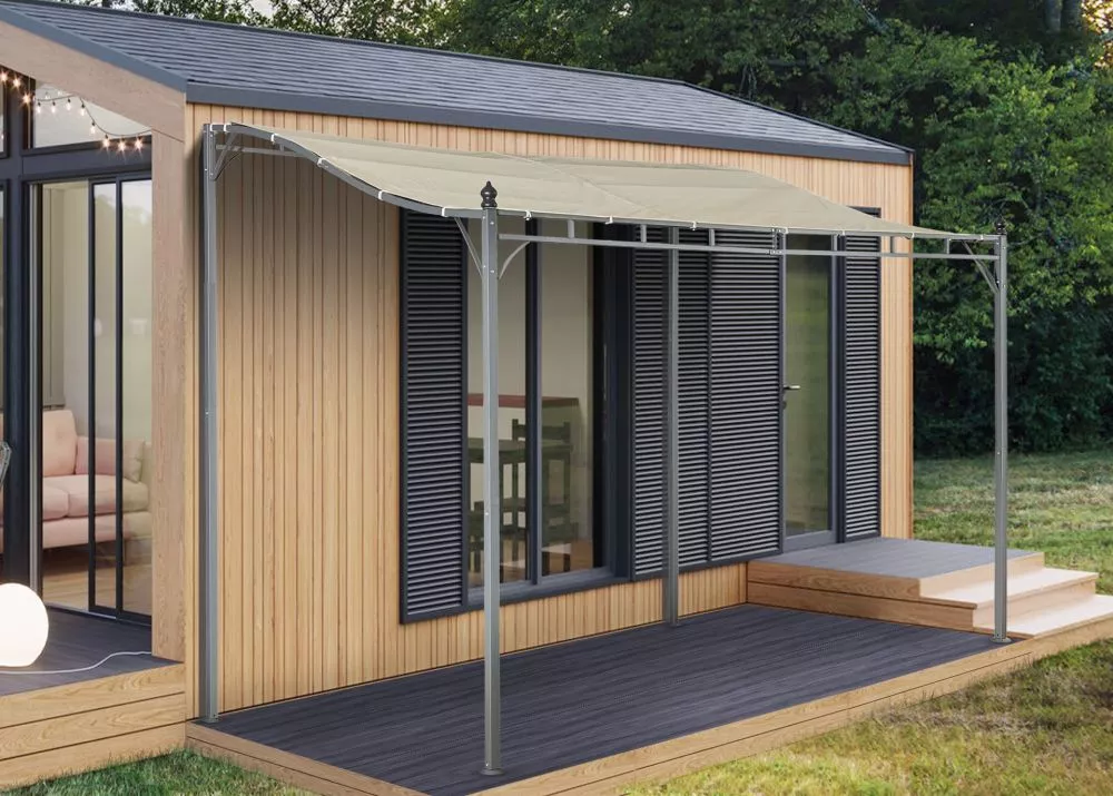 Dārza paviljons AZ Steel Materiāls: tērauds + poliesters, Korpusa krāsa: pelēks, Elementu krāsa: kapučīno, · 246 × 290 ×