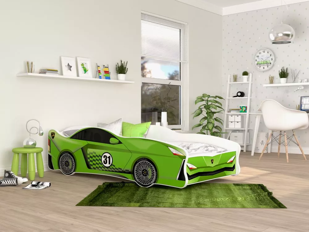 Bērnu gulta Cars 80x160 ar stelāžu Guļamvietas platums: 80 cm, Guļamvietas garums: 160 cm, · Zaļš · 82 × 170 × 52 cm
