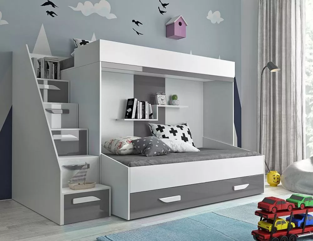 Bērnu gulta Party 16 ar stelāžām Guļamvietas platums: 90 cm, Guļamvietas garums: 200 cm, · 135 × 247 × 165 cm