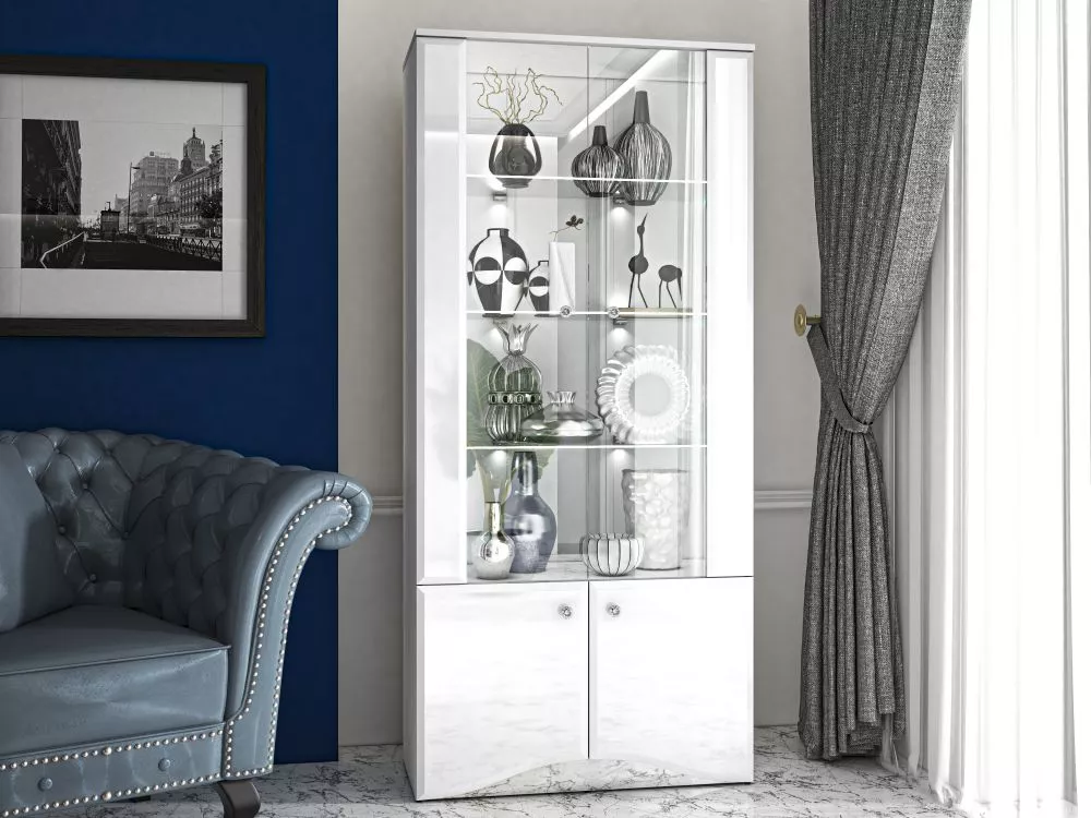 Grāmatu skapis Glamour White 01 ar LED · Balts · 87 × 41 × 191 cm