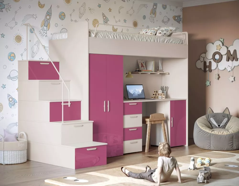 Bērnu gulta Raj 4 Gloss ar stelāžu Guļamvietas platums: 80 cm, Guļamvietas garums: 200 cm, · 120 × 254 × 180 cm