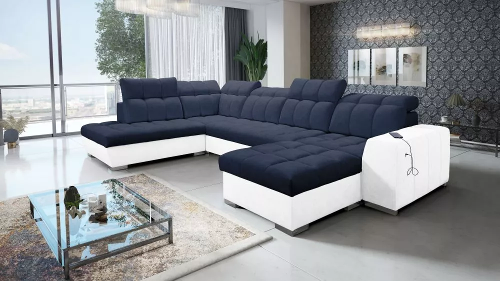 Dīvāns Pagano 6 Premium Standard · Tumši zils + balts · 225 × 364 × 83 cm