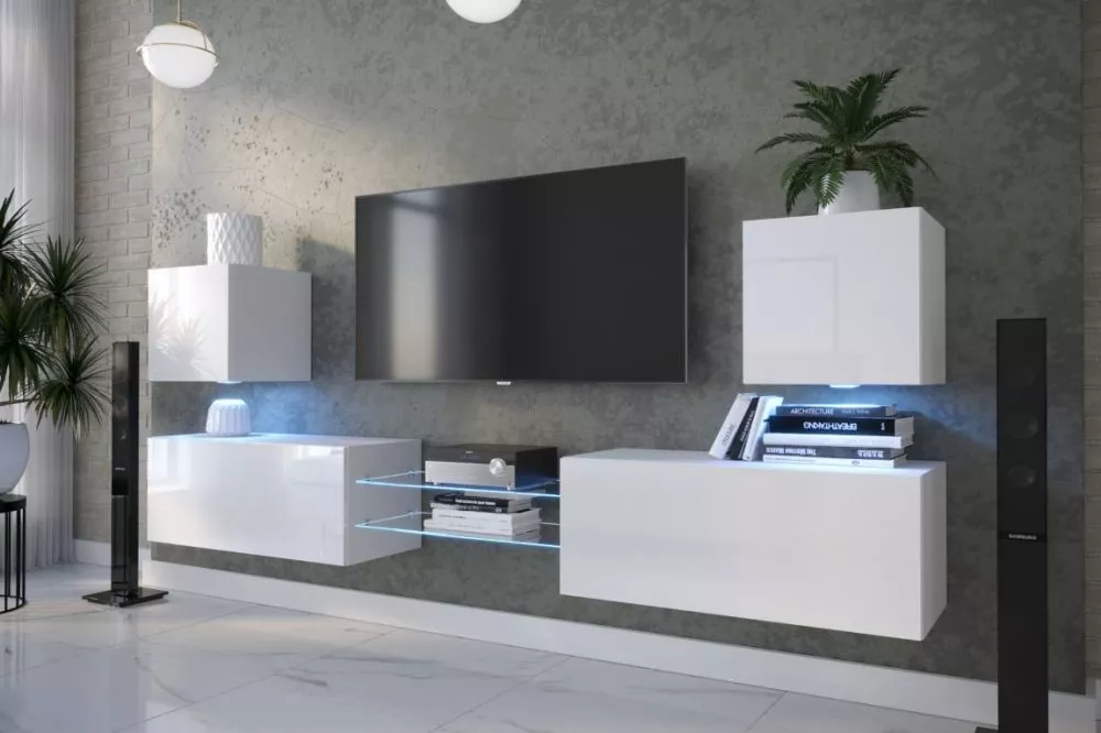 Sekcija Nairobi D144N gloss ar LED · Balts · 250,4 × 35 × 102 cm