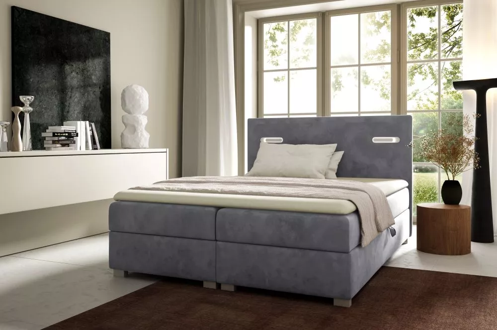 Gulta Lara Boxspring Standard ar LED Guļamvietas platums: 120 cm, Guļamvietas garums: 200 cm, · Pelēks · 124 × 208 × 103