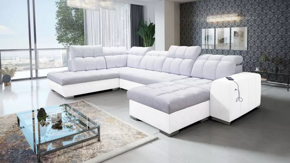 Dīvāns Pagano 6 Premium Standard · Gaiši pelēks + balts · 225 × 364 × 83 cm