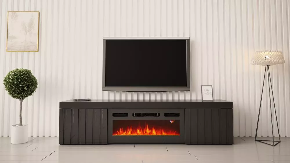 TV tumba Kalatan 180 ar kamīnu · Melns · 180 × 35 × 44 cm