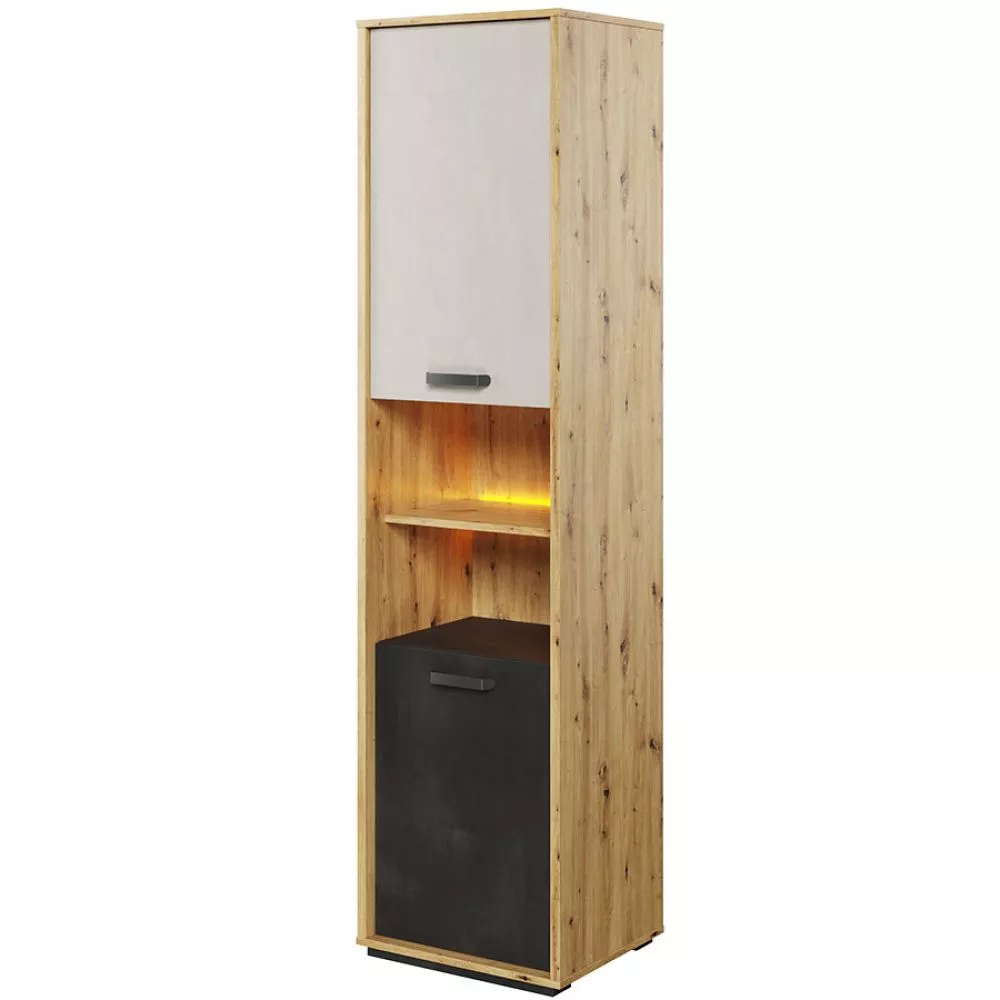 Grāmatu skapis Qubic QB-04 ar LED Korpusa krāsa: ozols artisan, Elementu krāsa: pelēks + grafīts, · 50 × 42 × 195 cm