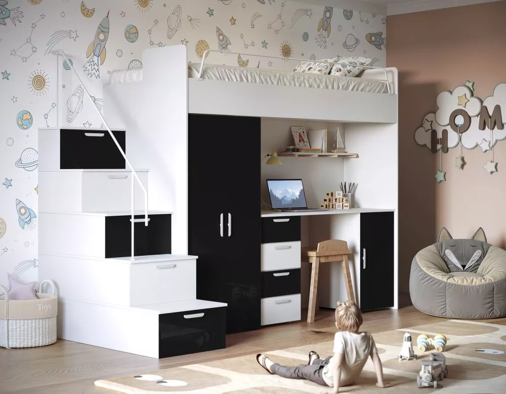 Bērnu gulta Raj 4 Gloss ar stelāžu Guļamvietas platums: 80 cm, Guļamvietas garums: 200 cm, · 120 × 254 × 180 cm