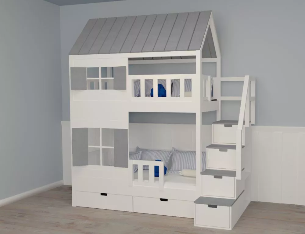Bērnu gulta 101P ar stelāžām Kāpņu puse: Pa labi, Guļamvietas platums: 90 cm, Guļamvietas garums: 200 cm, · 118 × 252 × 