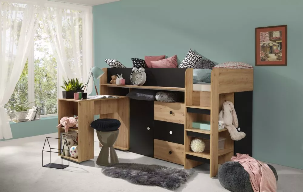 Bērnu gulta Smart 1 ar stelāžu Guļamvietas platums: 90 cm, Guļamvietas garums: 200 cm, · 106.6 × 204.4 × 125 cm