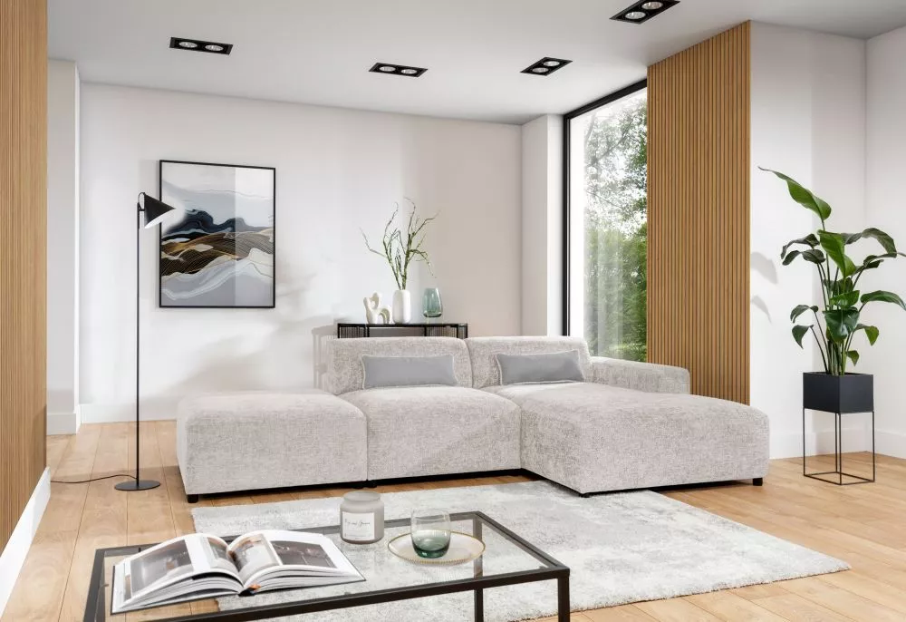 Dīvāns Roma Corner Standard ar pufu · Gaiši bēšs · 165 × 304 × 75 cm