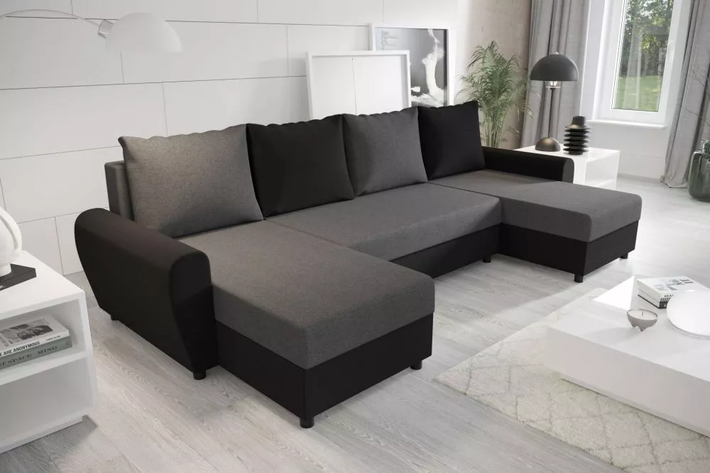 Dīvāns Fiona U standard · Tumši pelēks + melns · 144 × 305 × 68 cm