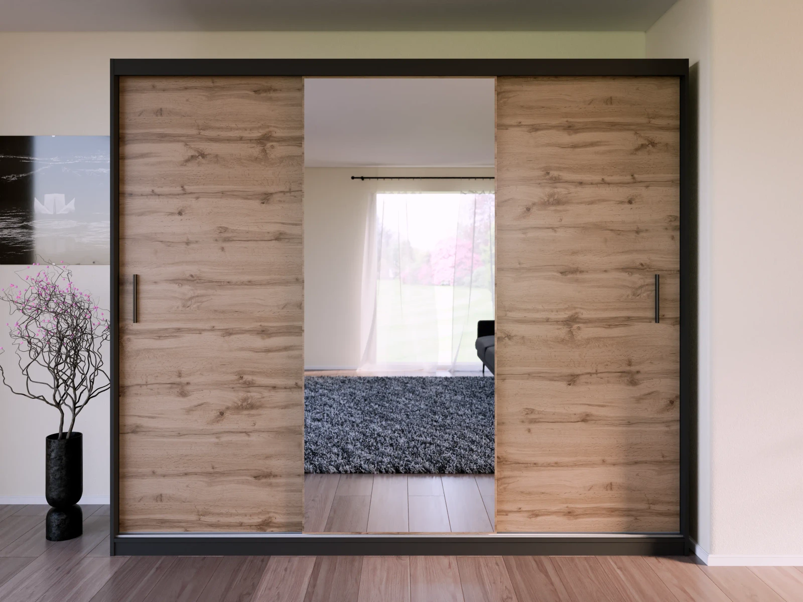 Skapis Bregi 250 · Ozols votāns + melns · 250 × 60 × 215 cm