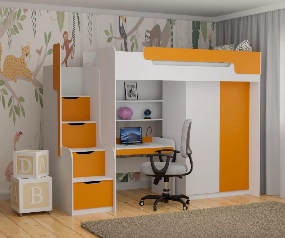 Bērnu gulta Dorian 3 90x200 ar stelāžu Guļamvietas platums: 90 cm, Guļamvietas garums: 200 cm, · 104 × 260 × 187 cm