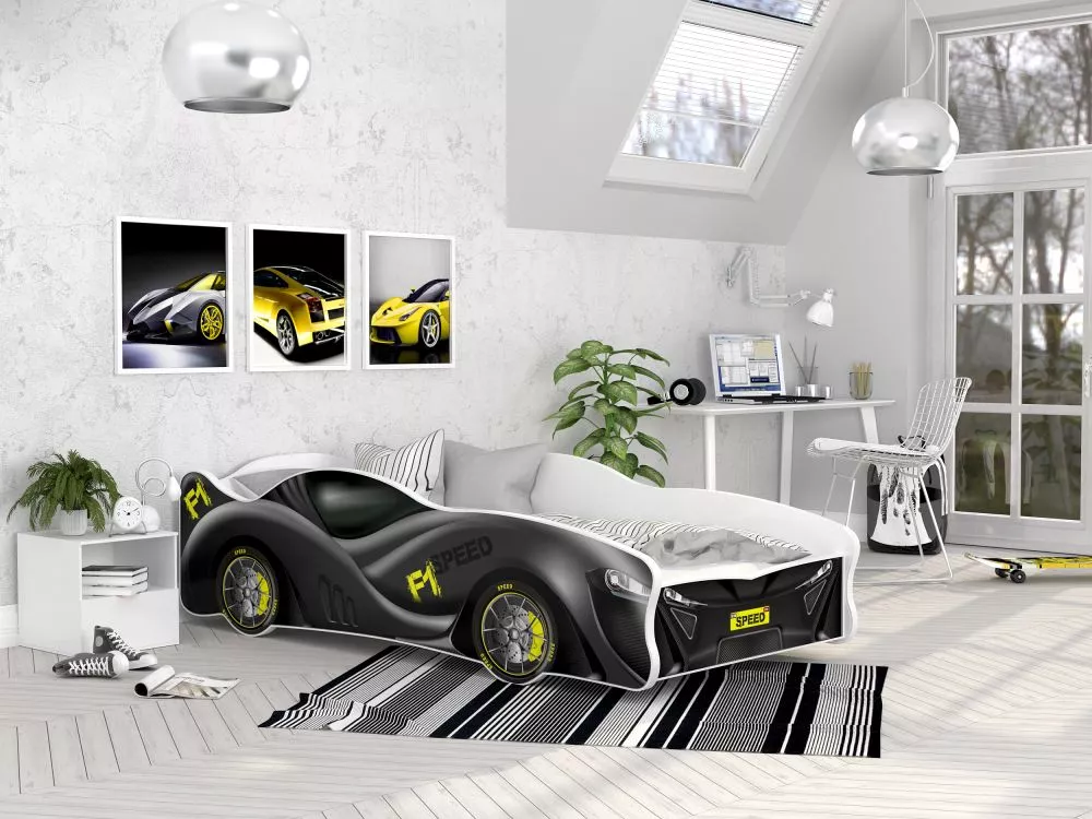Bērnu gulta Cars 80x160 ar stelāžu Guļamvietas platums: 80 cm, Guļamvietas garums: 160 cm, · Melns · 82 × 170 × 52 cm