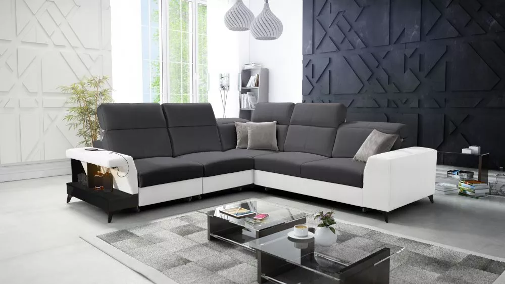 Dīvāns Belutti 3 Satin Black Standard ar LED · Grafīts + balts · 288 × 288 × 84 cm