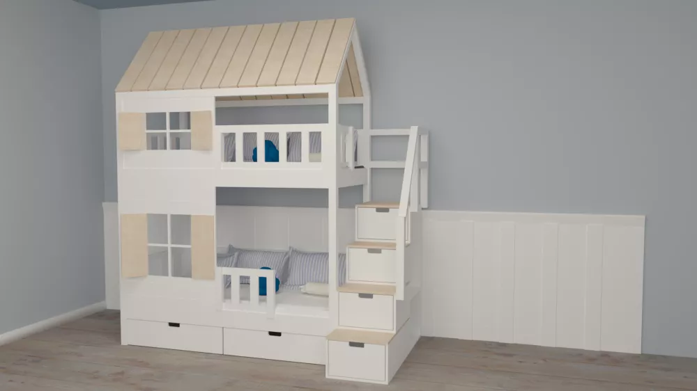 Bērnu gulta 101P ar stelāžām Kāpņu puse: Pa labi, Guļamvietas platums: 80 cm, Guļamvietas garums: 160 cm, · 112 × 212 × 