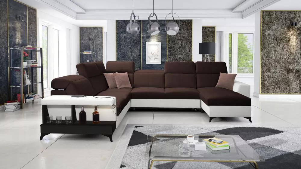 Dīvāns Belutti 8 Satin Black Standard ar LED · Tumši brūns + balts · 288 × 362 × 84 cm