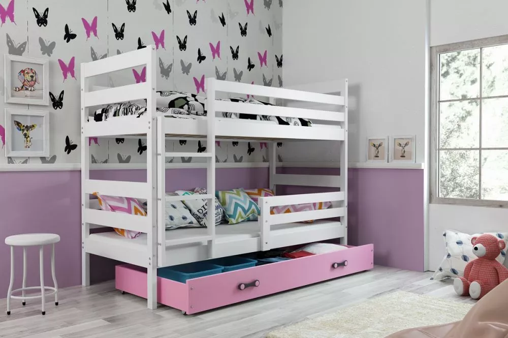 Bērnu gulta Eryk Bunk White 90x200 ar stelāžām Guļamvietas platums: 90 cm, Guļamvietas garums: 200 cm, · 97 × 206 × 154 