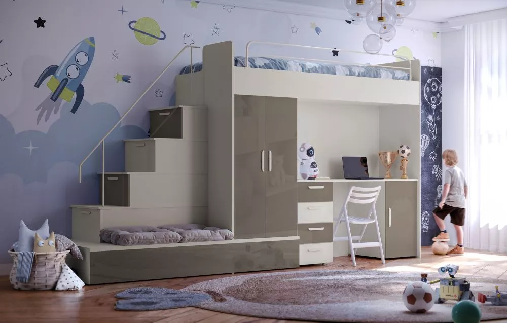 Bērnu gulta Raj 5 C gloss ar stelāžu Guļamvietas platums: 80 cm, Guļamvietas garums: 200 cm, · 85 × 324 × 180 cm