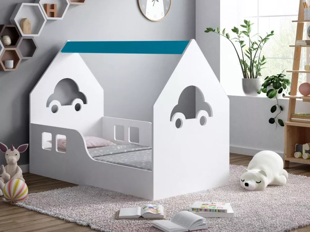 Bērnu gulta House ar stelāžu Guļamvietas platums: 70 cm, Guļamvietas garums: 140 cm, · 70 × 144 × 106 cm