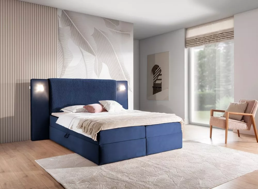 Gulta Marbella Boxspring Standard ar LED Guļamvietas platums: 180 cm, Guļamvietas garums: 200 cm, · Zils · 253 × 210 × 1
