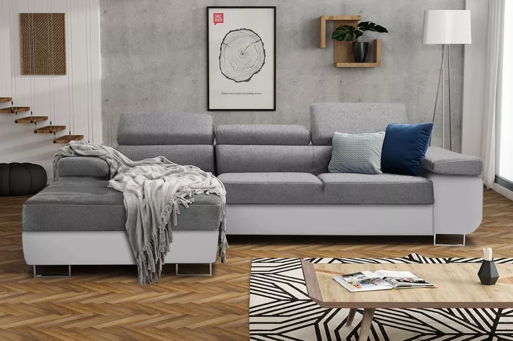 Dīvāns Annabelle L 2 Eco Standard · Pelēks + balts · 201 × 277 × 76 cm