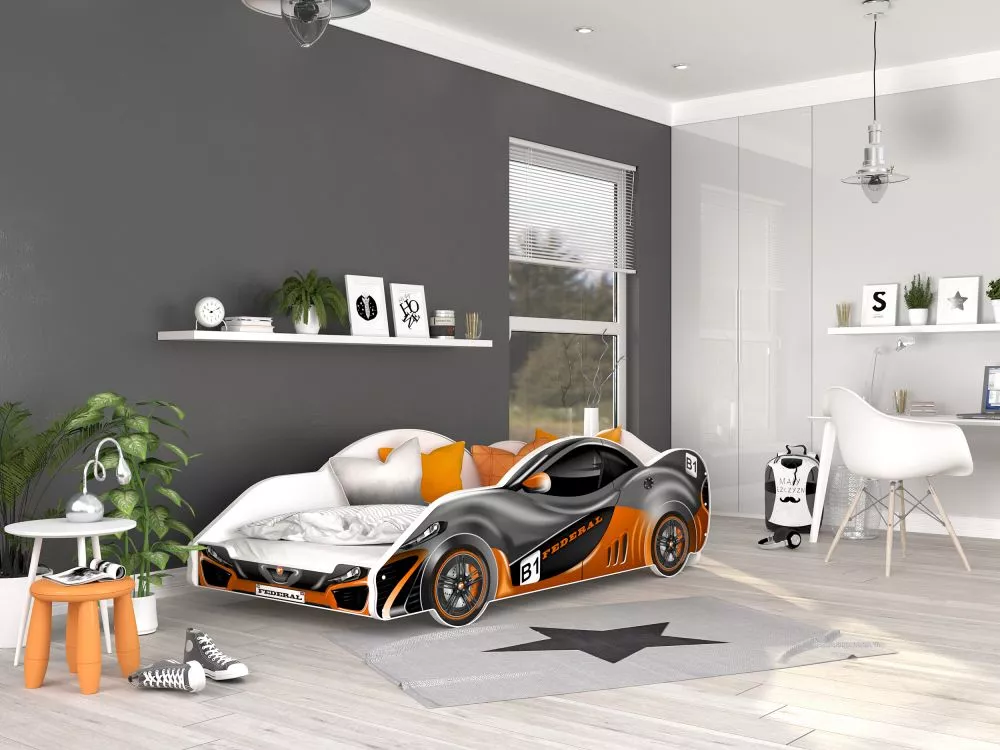 Bērnu gulta Cars 90x180 ar stelāžu Guļamvietas platums: 90 cm, Guļamvietas garums: 180 cm, · Pelēks · 94 × 203 × 61 cm