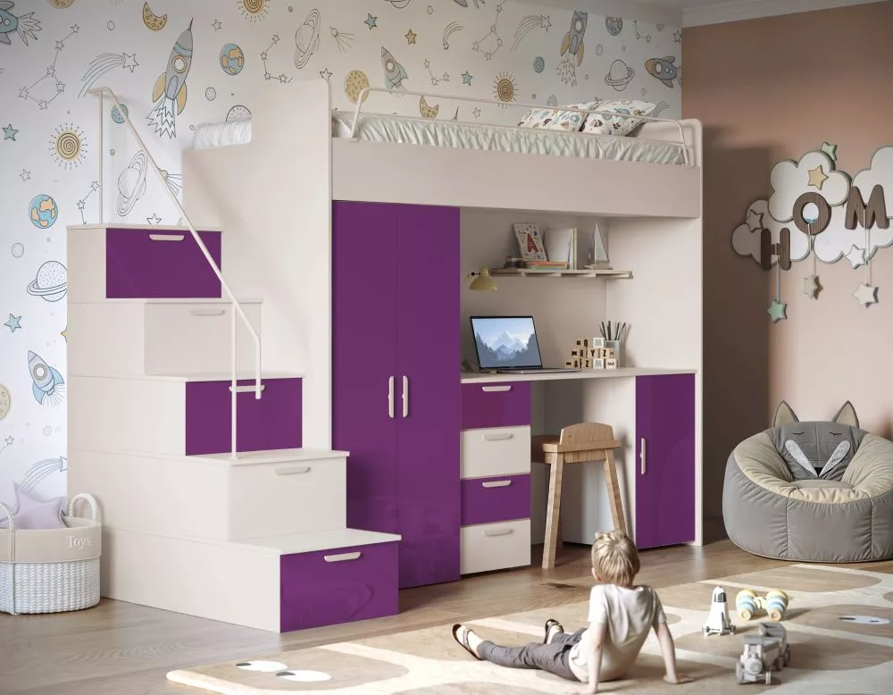 Bērnu gulta Raj 4 Gloss ar stelāžu Guļamvietas platums: 80 cm, Guļamvietas garums: 200 cm, · 120 × 254 × 180 cm