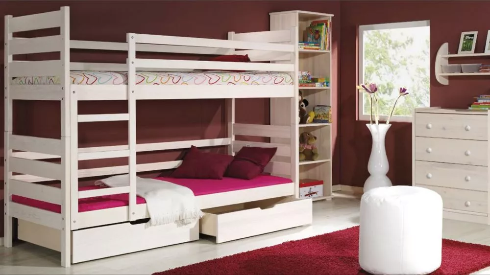 Bērnu gulta Darek ar stelāžām Guļamvietas platums: 80 cm, Guļamvietas garums: 190 cm, · Balināta priede · 88 × 196 × 165