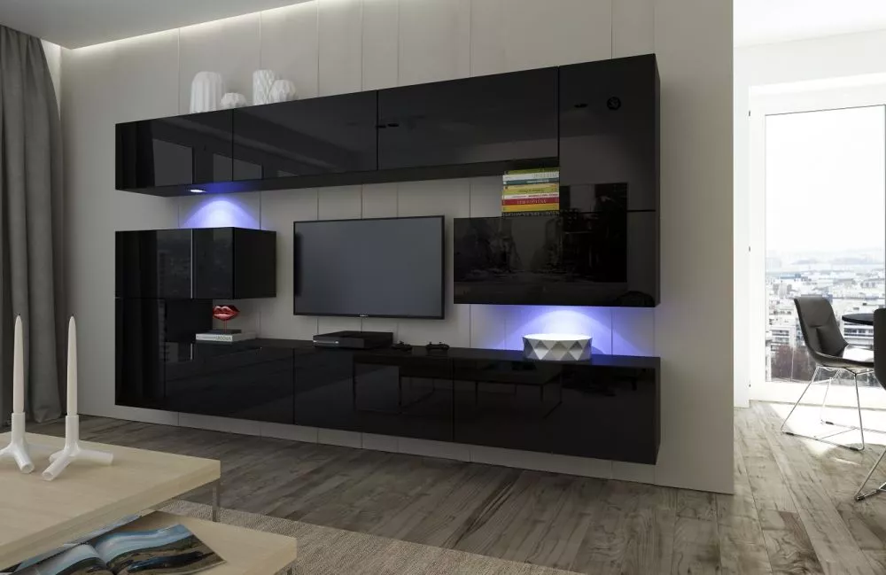 Sekcija Next 3 ar LED · Melns · 286 × 35 × 187 cm