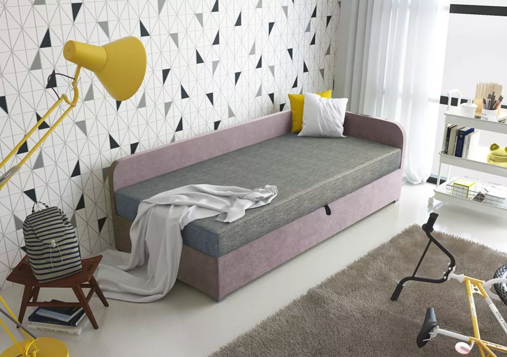 Bērnu gulta Uno Boxspring Standard Puse: kreisā, Guļamvietas platums: 80 cm, Guļamvietas garums: 200 cm, · Pelēks + rozā