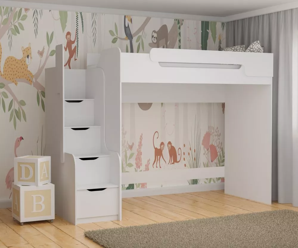 Bērnu gulta Dorian 90x200 ar stelāžu Guļamvietas platums: 90 cm, Guļamvietas garums: 200 cm, · 104 × 260 × 187 cm