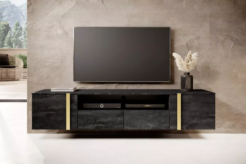 TV tumba Verica RTV 200 2D2SZ Gold W · Melns · 200 × 45 × 57 cm