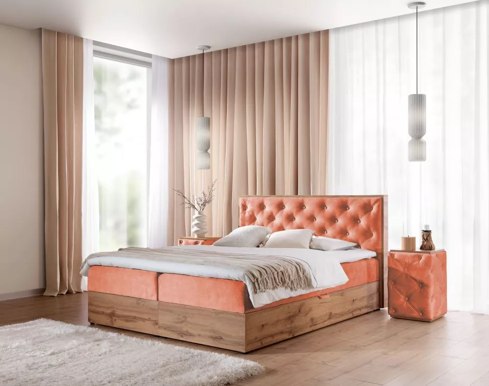 Gulta Wood-10 Boxspring Standard Guļamvietas platums: 160 cm, Guļamvietas garums: 200 cm, · Rozā · 169 × 210 × 105 cm