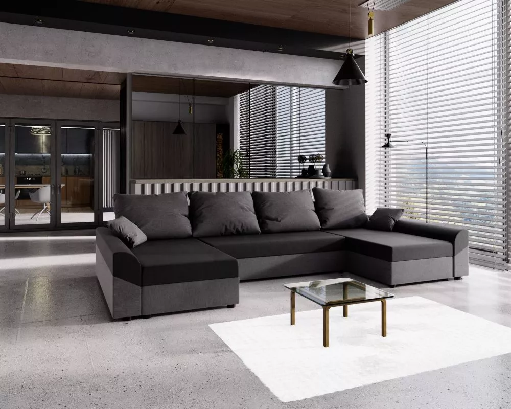 Dīvāns Denver U standard · Melns + tumši pelēks · 139 × 321 × 80 cm