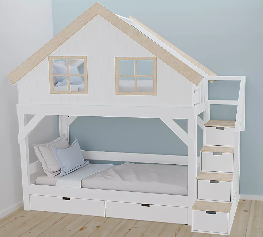 Bērnu gulta 110P ar stelāžām Kāpņu puse: Pa labi, Guļamvietas platums: 90 cm, Guļamvietas garums: 200 cm, · 118 × 257 × 