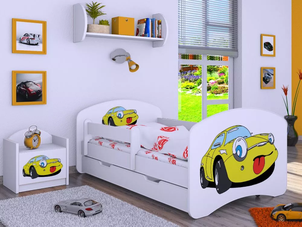 Bērnu gulta Happy L02 Zolty Samochodzik 140x70 ar stelāžu Guļamvietas platums: 70 cm, Guļamvietas garums: 140 cm, · 82 ×