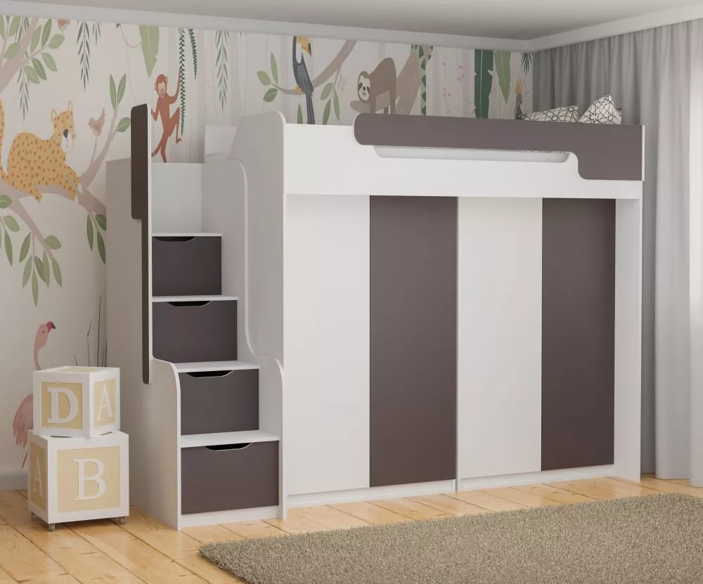 Bērnu gulta Dorian 4 90x200 ar stelāžu Guļamvietas platums: 90 cm, Guļamvietas garums: 200 cm, · 104 × 260 × 187 cm