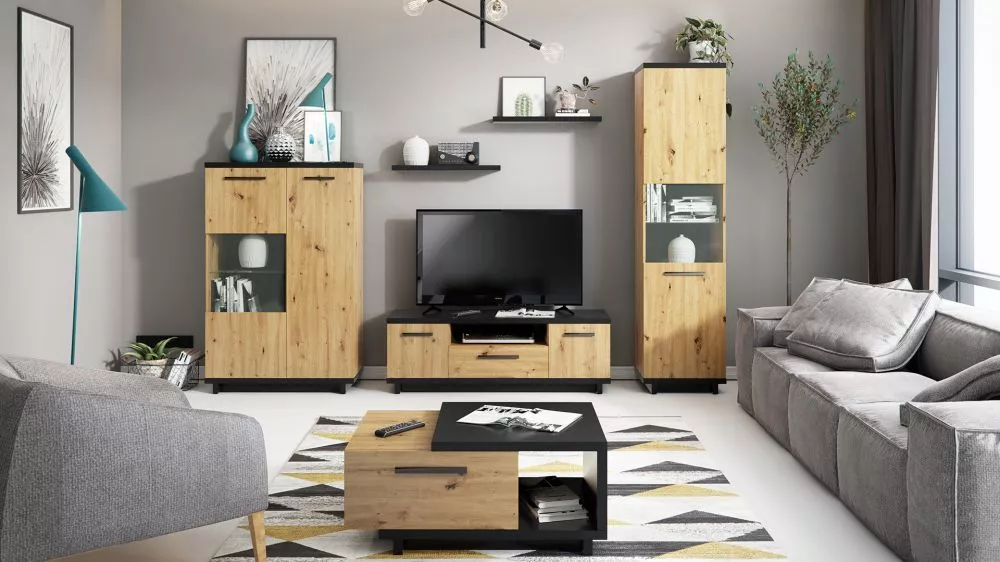 Sekcija Ines 1 ar LED Korpusa krāsa: ozols artisan, Elementu krāsa: melns, · 200 cm