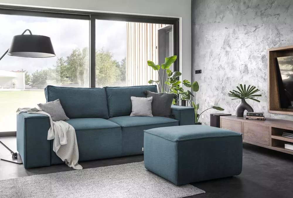 Dīvāns Silla 3S Lux Standard ar pufu · Zils · 104 × 260 × 96 cm